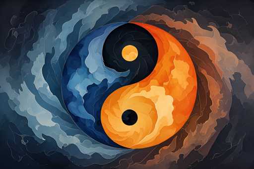 A vibrant, stylized image of the Yin and Yang symbol. The design features a swirling, abstract representation of the two halves, with one side predominantly blue and the other orange. The transitions between the colors are dynamic and fluid, creating a sense of movement and balance. Subtle textures and gradients add depth to the design, enhancing its visual appeal. The overall aesthetic is modern and artistic, with a focus on the symbolic representation of duality and harmony.