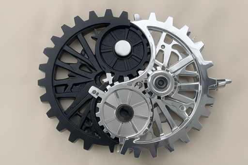 This image showcases a detailed close-up of a mechanical gear system, likely from a watch or clock. The gears are arranged in a circular pattern, with the largest gear positioned on the left side. This prominent gear is black with intricate cutouts and has teeth that engage with smaller gears on the right. The smaller gears are primarily silver, with one notable black gear at the bottom. The entire assembly is set against a light gray background, highlighting the contrast between the black and silver components. The gears are meticulously aligned, with the teeth of each gear perfectly matching those of the adjacent gear, creating a harmonious and intricate mechanical design.