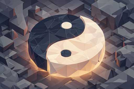 The image features a highly detailed, computer-generated 3D rendering of a yin-yang symbol, prominently centered against a complex, geometric background. The yin-yang, composed of two interlocking circles—one black and one white—is intricately designed with a mosaic of small triangles, giving it a textured, almost physical appearance. The black section of the yin-yang contains a white circle, while the white section features a black circle, both of which are slightly offset, creating a dynamic visual effect. Surrounding the yin-yang is a glowing orange light, adding a sense of depth and dimension. The background consists of various geometric shapes, primarily triangles, in shades of gray, black, and white, arranged in a seemingly random yet harmonious pattern. The entire composition is rendered with a high level of precision, showcasing the capabilities of modern 3D modeling software.