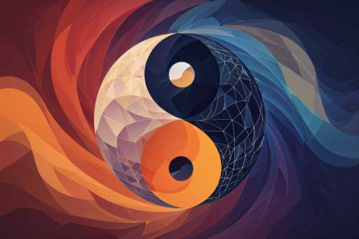 The image is a detailed, computer-generated artwork featuring a central yin-yang symbol composed of numerous small triangles. The yin-yang is divided into two distinct halves: the left side is predominantly white with a black circle at its center, while the right side is mostly black with an orange circle in the middle. Surrounding the yin-yang are swirling patterns of vibrant colors, including shades of orange, red, blue, purple, and gray. These swirls create a dynamic, almost cosmic effect, with the colors blending seamlessly into each other. The background is a mix of dark blue and purple hues, enhancing the overall sense of depth and movement in the image. The intricate design and flowing colors give the impression of a celestial body or a mystical eye, making the artwork visually captivating and rich in detail.
