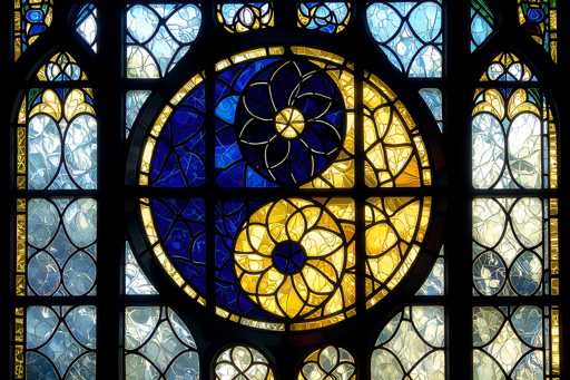 This image showcases a stunning stained glass window, likely from a church, featuring a prominent circular design at its center. The circle is divided into two halves: the left half is a deep blue adorned with a white flower, while the right half is a vibrant yellow, also featuring a white flower. The flowers in both halves are intricately detailed with thin black lines, adding to the window's complexity. Surrounding the central circle are smaller stained glass pieces in shades of blue, yellow, and white, arranged in a pattern that includes additional floral motifs. The window is framed by black metal, which adds structure and contrast to the colorful glass. The overall composition is a harmonious blend of blue, yellow, and white hues, creating a visually captivating and serene piece of art.