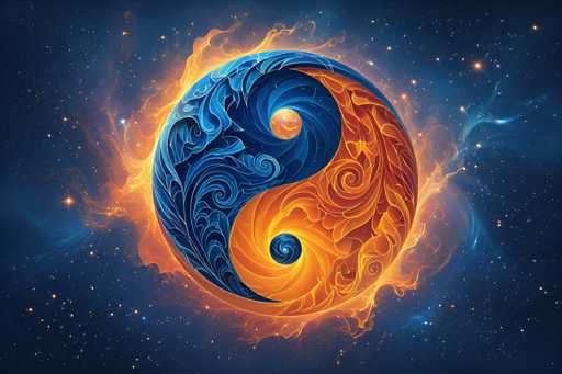 The image depicts a vibrant and detailed representation of the yin-yang symbol set against a dark blue, starry background. The central focus is a large, glowing yin-yang that appears to be on fire, with swirling flames of orange, yellow, and red emanating from it. The left side of the yin-yang is predominantly blue, featuring intricate, wave-like patterns that resemble ocean waves or floral designs. The right side is primarily orange, with similar swirling patterns that evoke the image of a sunset or molten lava. Both halves of the yin-yang are intricately detailed, with the blue side appearing cooler and the orange side warmer. The background is filled with numerous stars, some of which are larger and more prominent, adding to the celestial and mystical atmosphere of the scene.