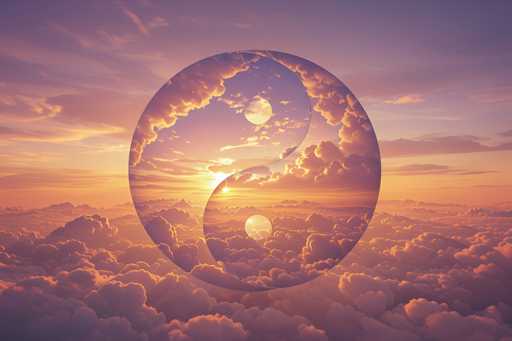 The image features a large, translucent yin and yang symbol floating amidst a vibrant, cloud-filled sky at sunset. The sun is positioned centrally, partially obscured by the clouds, casting a warm, golden glow. Soft, ethereal clouds fill the space, creating a dreamlike atmosphere. The overall style is digital art with a focus on soft gradients and atmospheric perspective, evoking a sense of tranquility and balance.