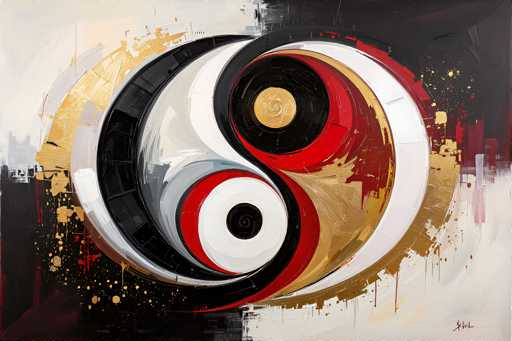The image depicts an abstract painting with a black and white color scheme. The central focus is a large circle divided into two sections by a vertical line of red dots. Each section contains a smaller circle filled in with gold and black colors. The background features a gradient of gray and white, transitioning from light to dark shades.