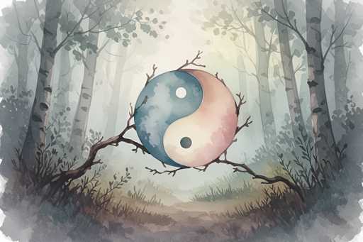 The image depicts a serene forest scene with a large yin and yang symbol composed of two circles, one blue and the other pink, surrounded by branches and leaves. The background is filled with trees and foliage, creating a sense of depth and tranquility.