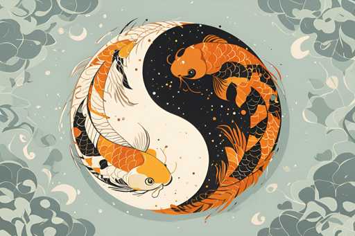 This image features a detailed, computer-generated yin-yang symbol set against a light blue background. The central focus is a large, circular yin-yang, with the left side being white and the right side black. Each side of the yin-yang contains an orange koi fish, swimming towards the center. The koi on the white side has a white belly and black fins, while the koi on the black side has a black belly and orange fins. Surrounding the yin-yang are intricate, light blue and white floral patterns, resembling leaves or vines, which frame the entire composition. The overall design is symmetrical and visually balanced, with the koi fish and floral elements adding a touch of elegance to the traditional symbol.