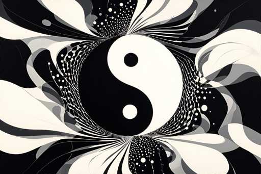 This black and white abstract artwork features a central yin-yang symbol, which is slightly off-center to the left. The yin-yang is composed of a black half on the left, with a white circle in the bottom right, and a white half on the right, with a black circle in the top left. Surrounding the yin-yang are intricate, swirling patterns that resemble flower petals or leaves, creating a dynamic and fluid effect. These swirls are interspersed with numerous white dots, particularly concentrated around the edges of the image. The background is predominantly black, enhancing the contrast and making the white elements stand out vividly. The overall composition is highly detailed and visually captivating, with the swirling patterns giving a sense of movement and depth to the piece.