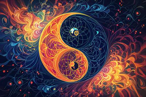 This image is a vibrant and intricate digital artwork featuring a central yin-yang symbol. The yin-yang is composed of two distinct halves: the left side is a crescent moon in shades of orange, yellow, and red, while the right side is a circle in hues of blue, green, and purple. Both halves are intricately detailed with swirling patterns and lines that create a sense of depth and movement. Nestled within the crescent moon is a smaller yin-yang, and similarly, a smaller yin-yang is embedded within the circle. The background is a dark blue canvas adorned with swirling, flame-like designs in vibrant oranges, yellows, and reds, creating a dynamic and almost cosmic effect. Additionally, the background features numerous small circles in various colors, including red, yellow, and blue, adding to the complexity and richness of the image. The overall composition is highly detailed and visually captivating, blending elements of traditional yin-yang symbolism with modern, psychedelic artistry.